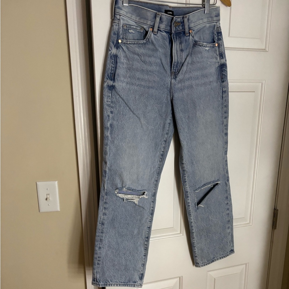 Express high rise straight ankle jeans, distressed at knees